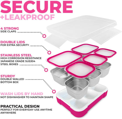 Stainless Steel Bento Lunch Box Set for Adults, Kids - Insulated Bag and Ice Pack - Leak-Proof Metal Compartment Meal Prep Food & Snack Containers for Work Travel School Daycare, 34 Oz Pink
