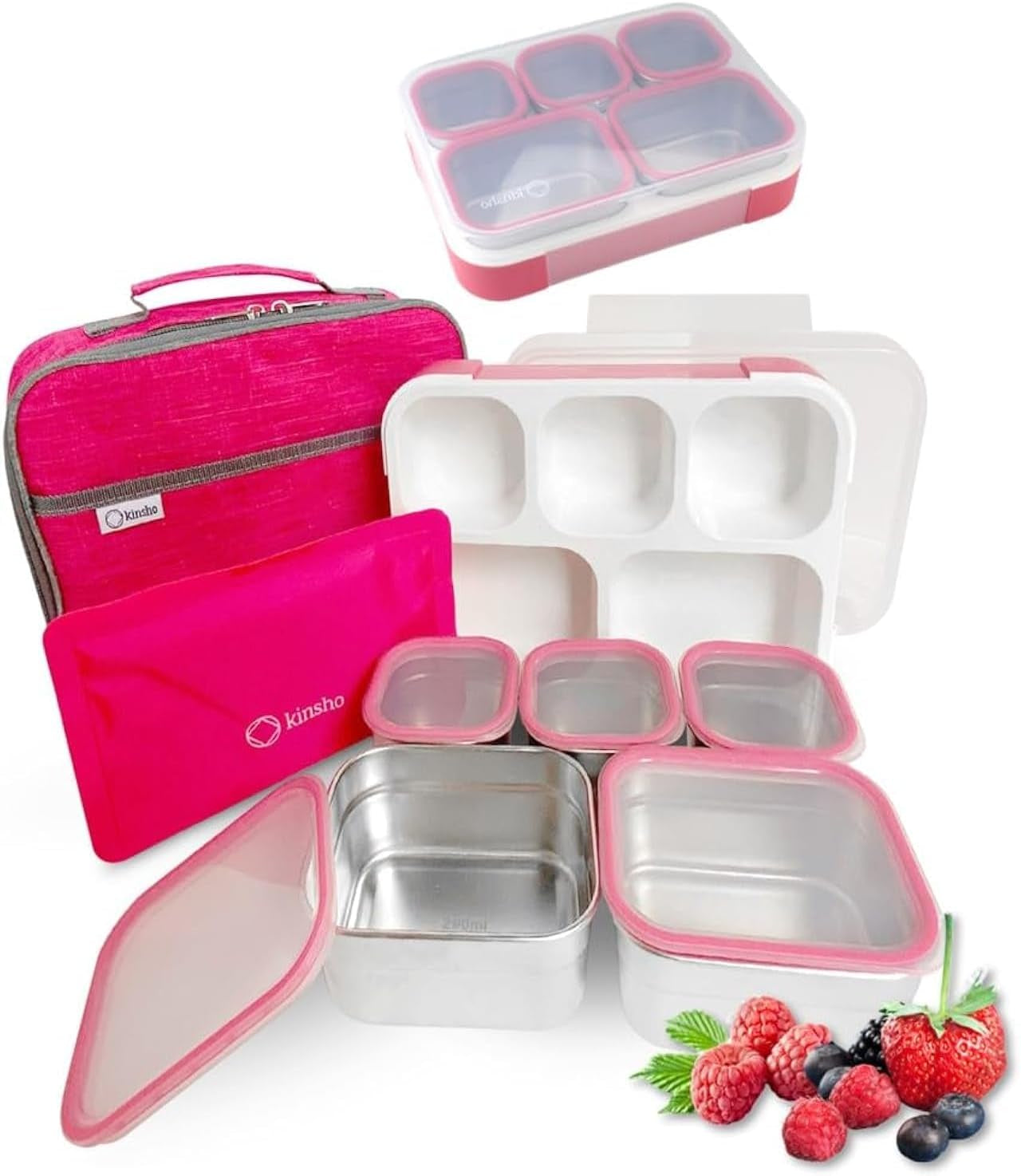 Stainless Steel Bento Lunch Box Set for Adults, Kids - Insulated Bag and Ice Pack - Leak-Proof Metal Compartment Meal Prep Food & Snack Containers for Work Travel School Daycare, 34 Oz Pink
