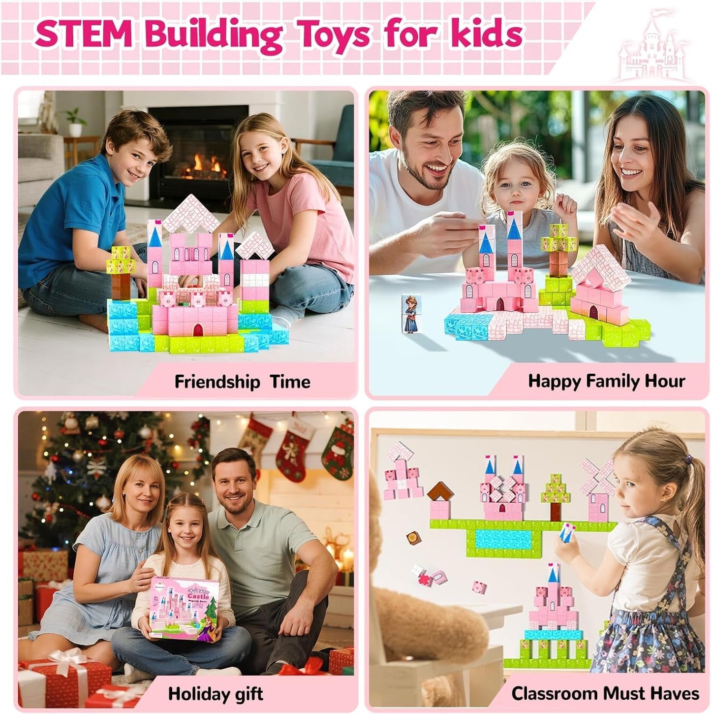 64 Pcs Magnetic Blocks-Princess Castle Collection World,Magnetic Building Blocks for 3+ Year Old Boys & Girls, Creative STEM Sensory Toys,Christmas Birthday Gifts for Kids Ages 3-8