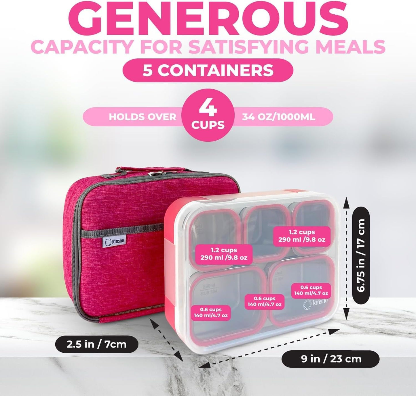 Stainless Steel Bento Lunch Box Set for Adults, Kids - Insulated Bag and Ice Pack - Leak-Proof Metal Compartment Meal Prep Food & Snack Containers for Work Travel School Daycare, 34 Oz Pink